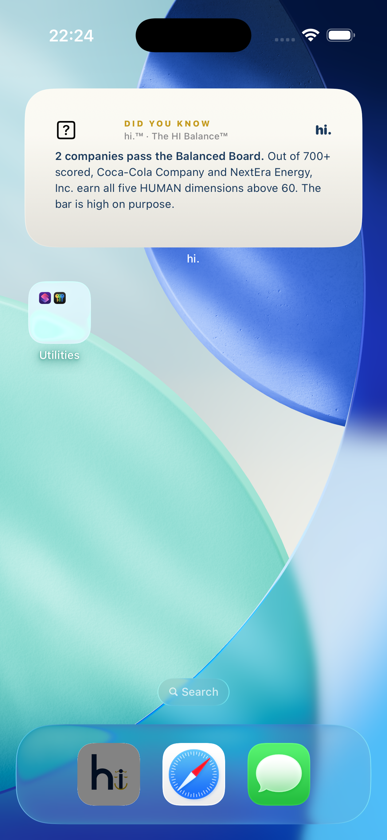 iOS home screen widget showing Balanced Board insight